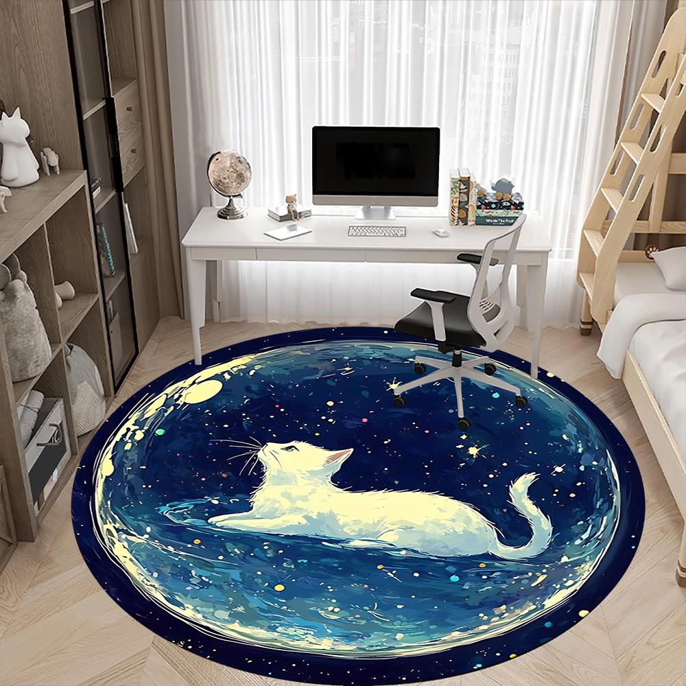1PC Galaxy Cat Office Round Area Rug, Mat Suitable For Office, Under Office Chairs Bedroom Living Room Home Decor, Room Deco