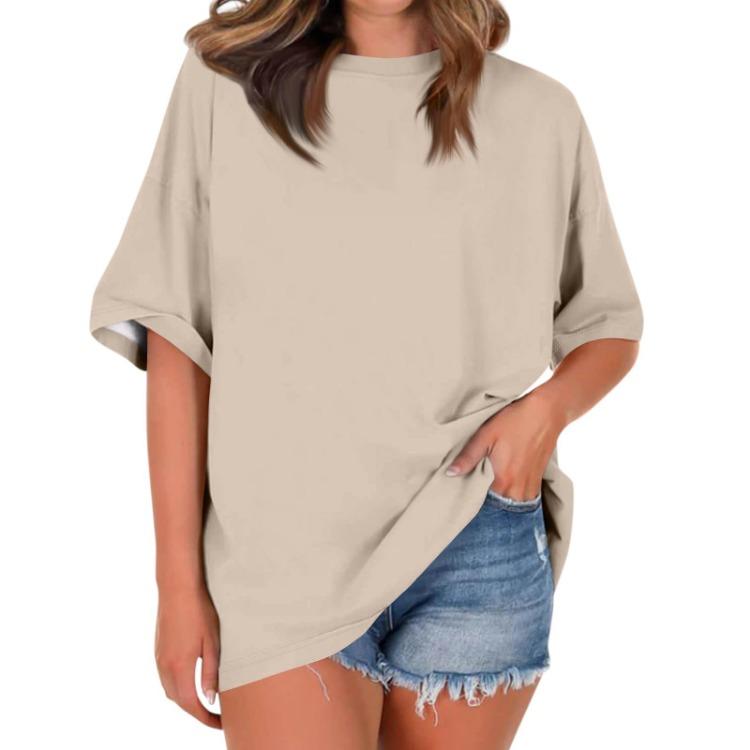 Women Casual Loose T Shirt Round Neck Short Sleeve Falling Shoulder Solid Color Top Ladies Fashion Blouse