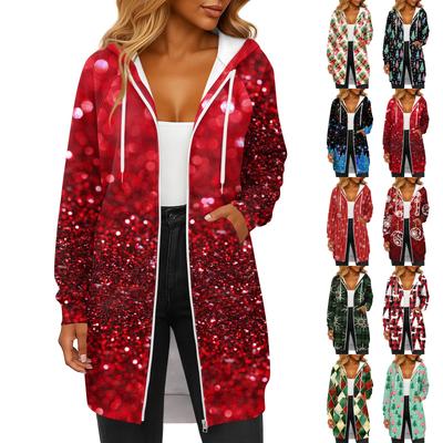 Damen Modische Weihnachten Bedruckte Langarm Kordelzug Kapuzen Reißverschlusstasche Lange Lässige Sweatshirtjacke