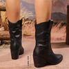 Black Thick Heel Western Short Boots Women Plus Size36-43 Pointed Toe Ankle Boots Woman Autumn Winter Slip On Cowboy Botas Mujer