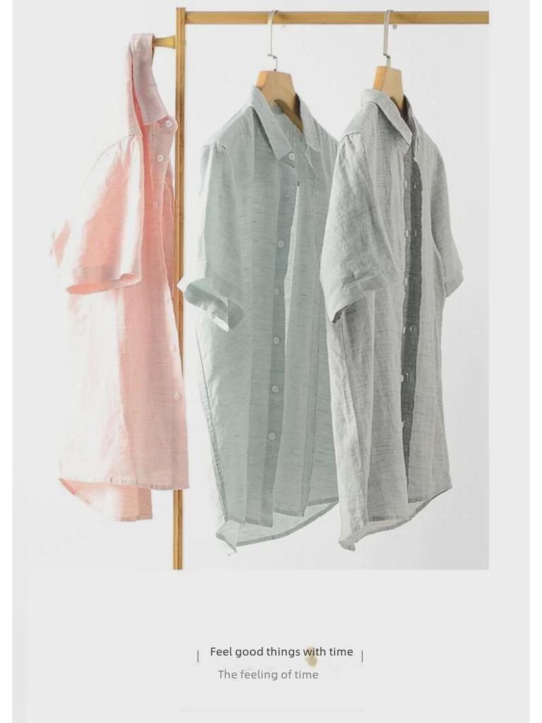 Men's Short-Sleeve Linen Shirt - Summer Casual Loose Fit with Lapel Collar, Cotton and Linen Blend, Plus Size Available