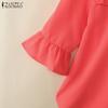 ZANZEA Women Casual Fungus Ruffled Edge Crew Neck 3/4 Sleeve Blouse