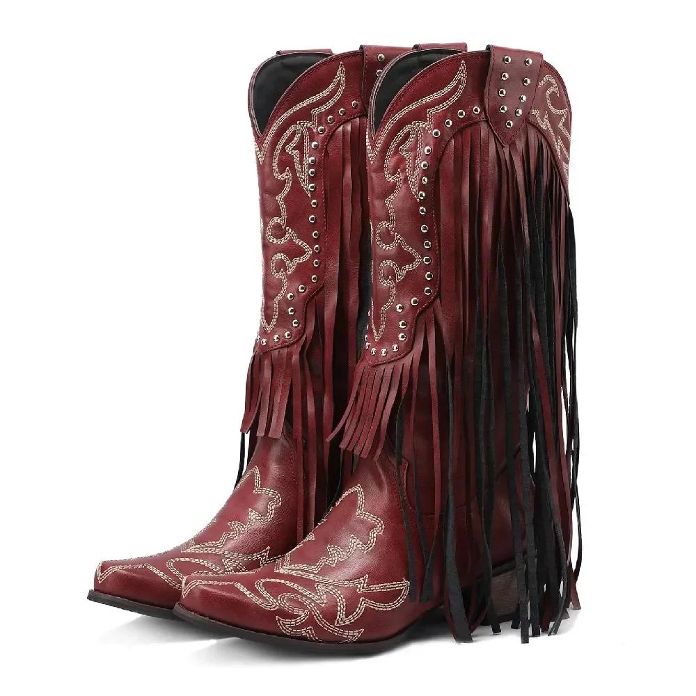 

Fringe Rivet Western Women Mid-calf Boots Red Yellow Embroidery Sewing High Square Heels Winter Party Slip-on Cowgirl Half Boot 43 красный