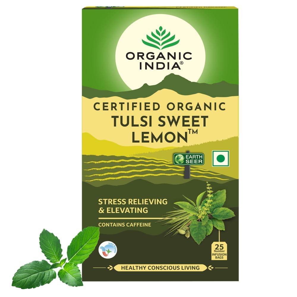 ORGANIC INDIA Tulsi Sweet Lemon Tea 25 Tea Bags Refreshing Herbal Green Tea Infusion