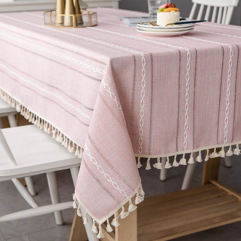 Table Cover Cotton Linen Tablecloth Stripe Tassel Stain Resistant Dust-Proof  for Kitchen Dinning Tabletop Decoration Rectangular