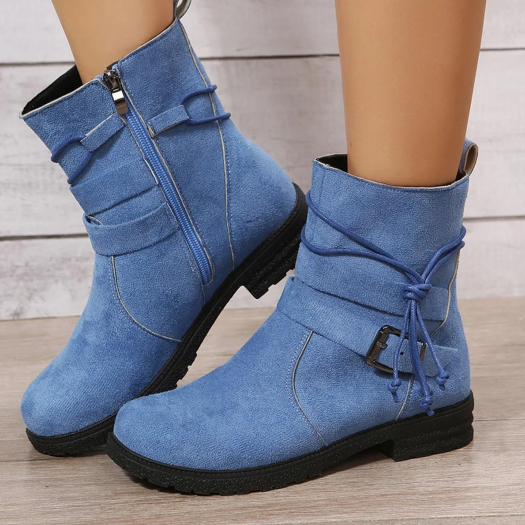 Women Retro Brown Platform Buckle Round Toe Boots 2026 Winter Side Zipper Ankle Boots Woman Thick Sole Faux Suede Botas Mujer