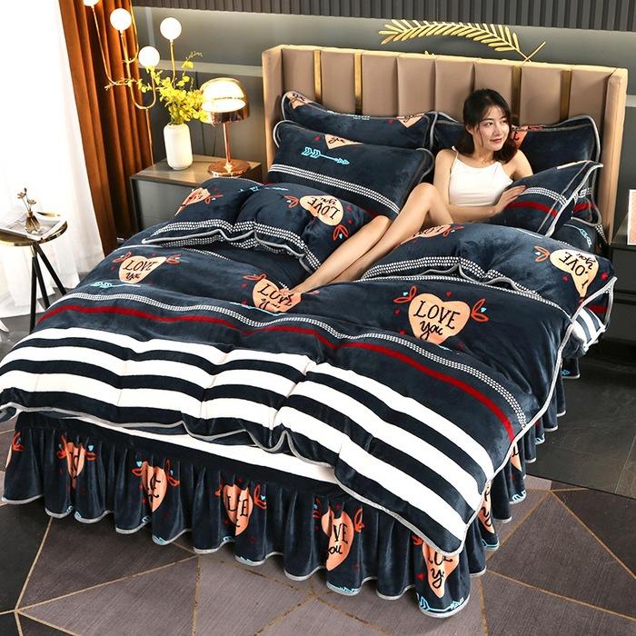 Thickened Milk Fleece Four-Piece Warm Double-Sided Coral Fleece Quilt Cover Flannel Sheet Bed Skirt Bedding