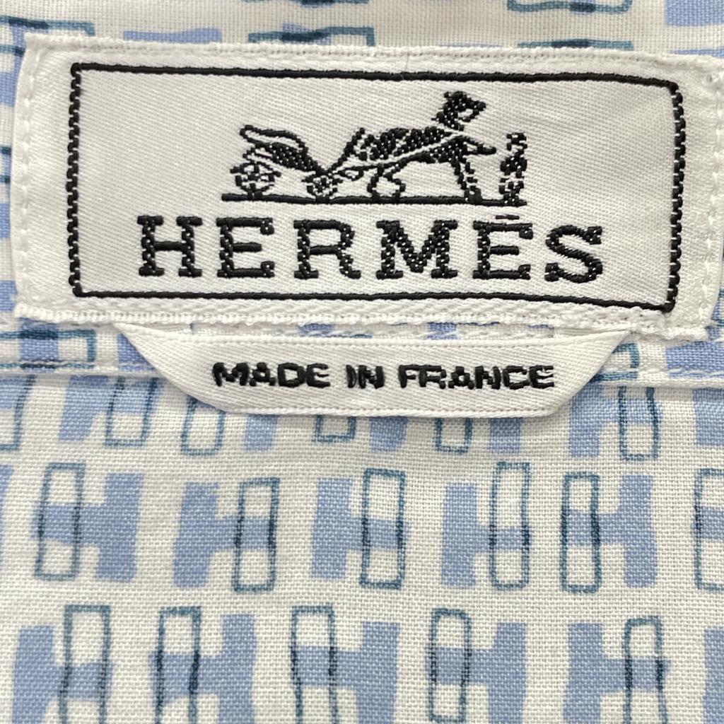 HERMES Blue x White Cotton H Motif Serie Button Long Sleeve Button Shirt tops 40 Blue x whiteUsed