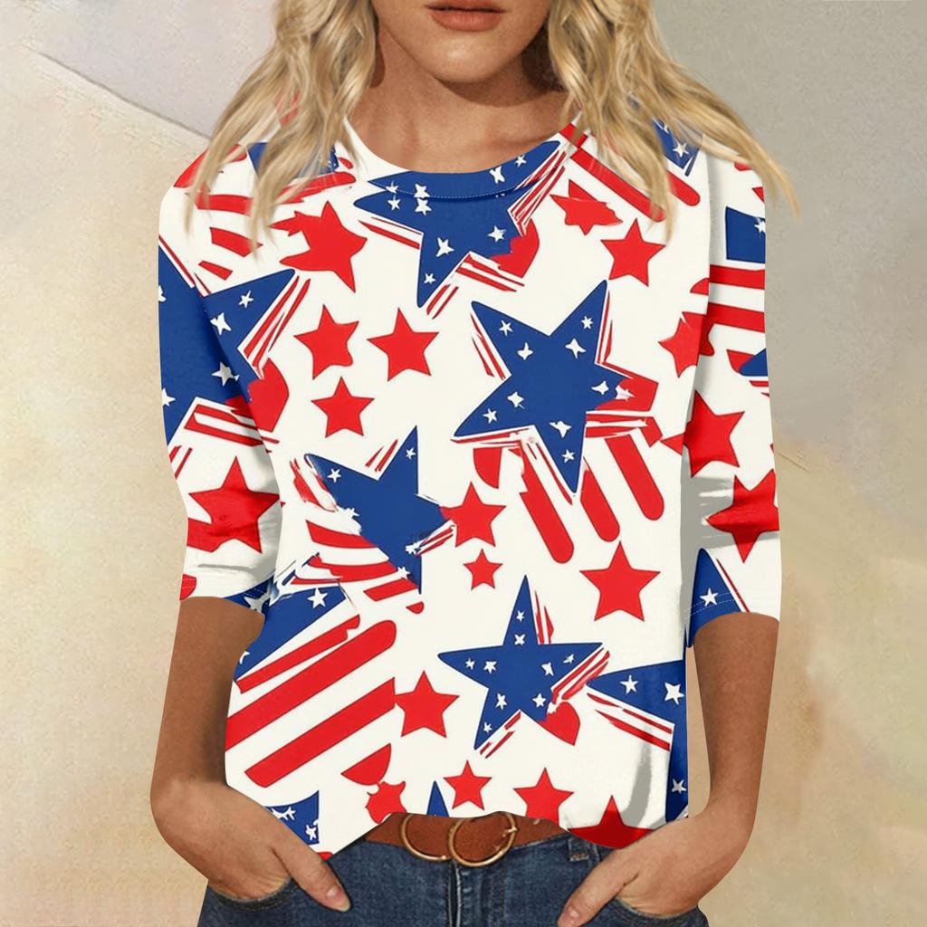 Women's Fashion Casual Seven-Sleeve Independence Day Print Round Neck Top