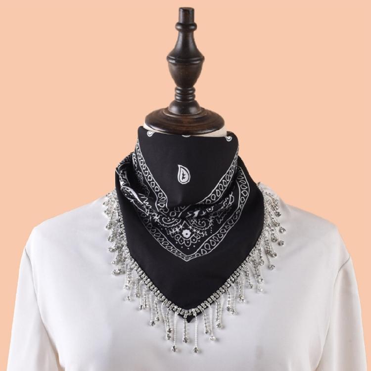 Cashew Flower Print Bandana for Adult Unisex Glittering Crystal Tassesls Head Scarf Neckerchief for Music Festival Party