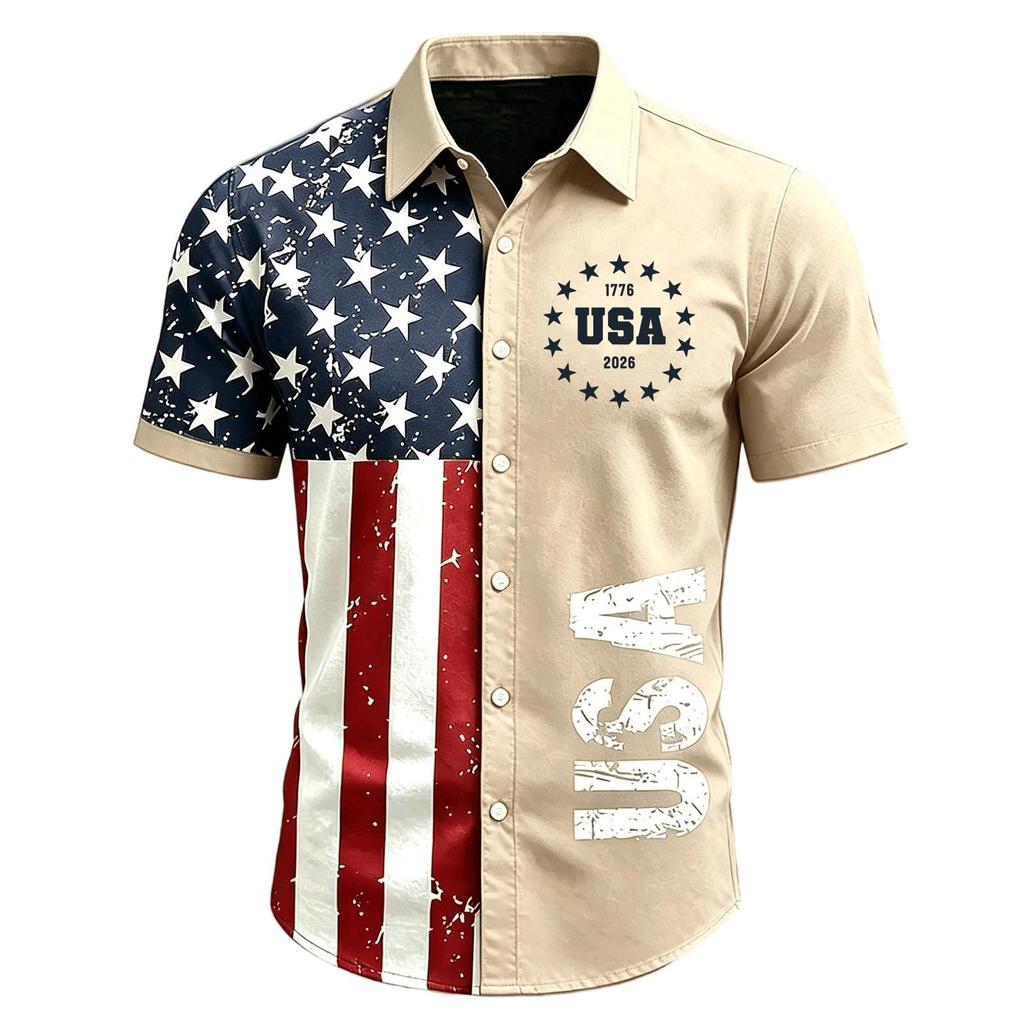 Men Short Sleeve Button Down Shirt with Lapel Collar Casual Fit USA Letter Print and Flag Pattern for Spring and Summer Season