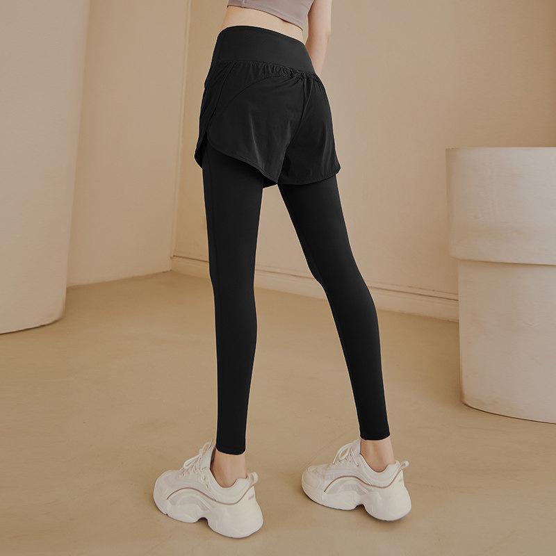 

High-Waisted Plus Size Women s Quick-Dry Leggings with Pockets – Fake Two-Piece Yoga Pants for Running, Fitness, and Butt Coverage M (90-100 jin) чорний