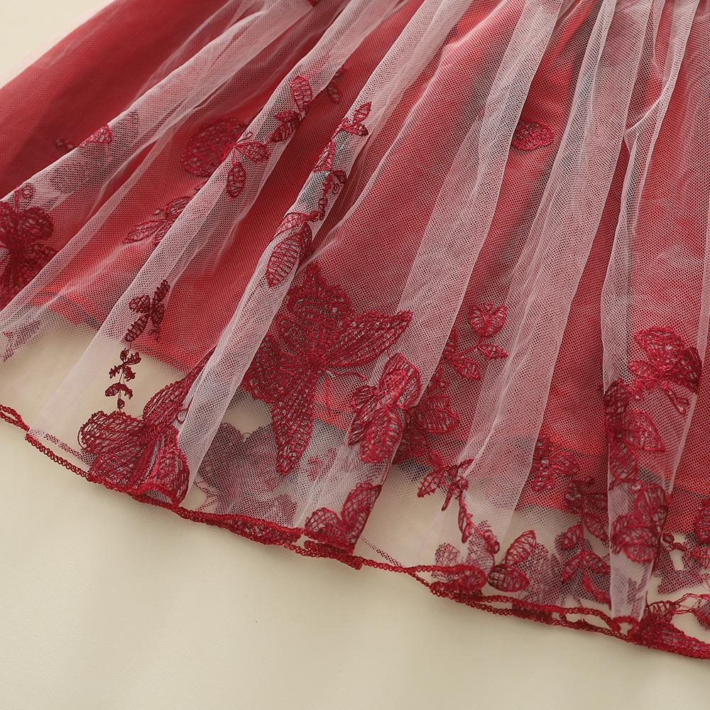 Korean Baby Girls' Butterfly Embroidery Flutter Sleeve Red Mesh Knit Dress