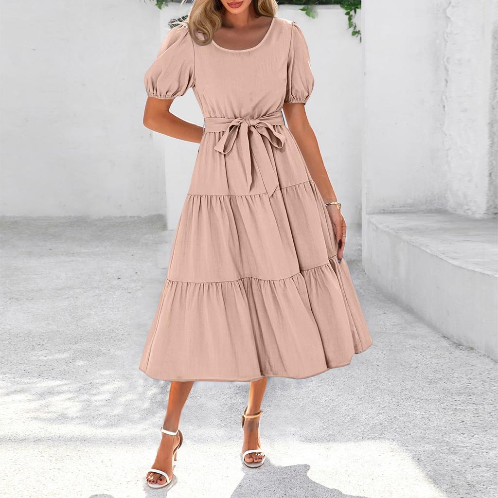 Women's Summer Solid Color Short Sleeve Round Neck Waistband Bohemian Flowy Layered Maxi Dress With Pockets