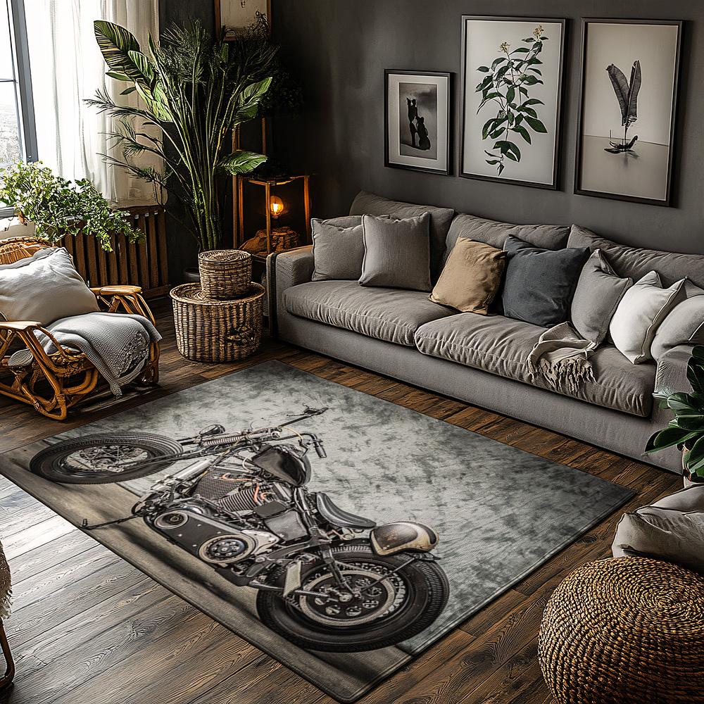 

Motorcycle Enthusiast Rug, Black Gray Themed Carpet for Living Room, Soft Non-Slip Sofa Mat with Biker Decor, Cozy Home Accent 50x80cm