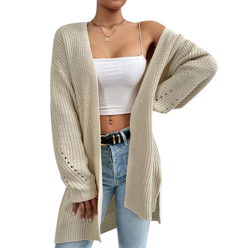 2025 Autumn/Winter Loose V-Neck Mid-Length Knit Cardigan - Solid Color