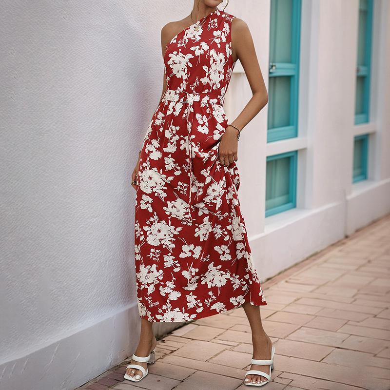 New seaside vacation elegant temperament sleeveless flower print shoulder dress