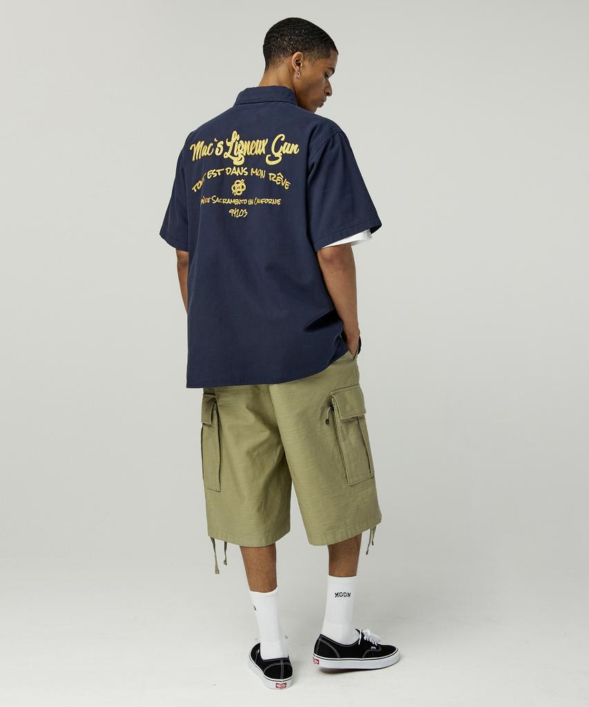 MAGOODGAN Labor 2905 Yellow Chain Embroidery Oversized Navy Short Sleeve Shirt