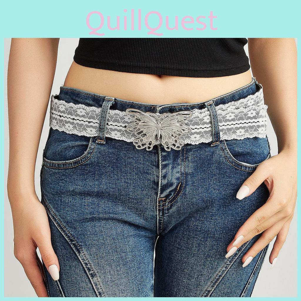 Silver Butterfly Fashionable Buckle Decor Women Casual White Lace Waist Belt