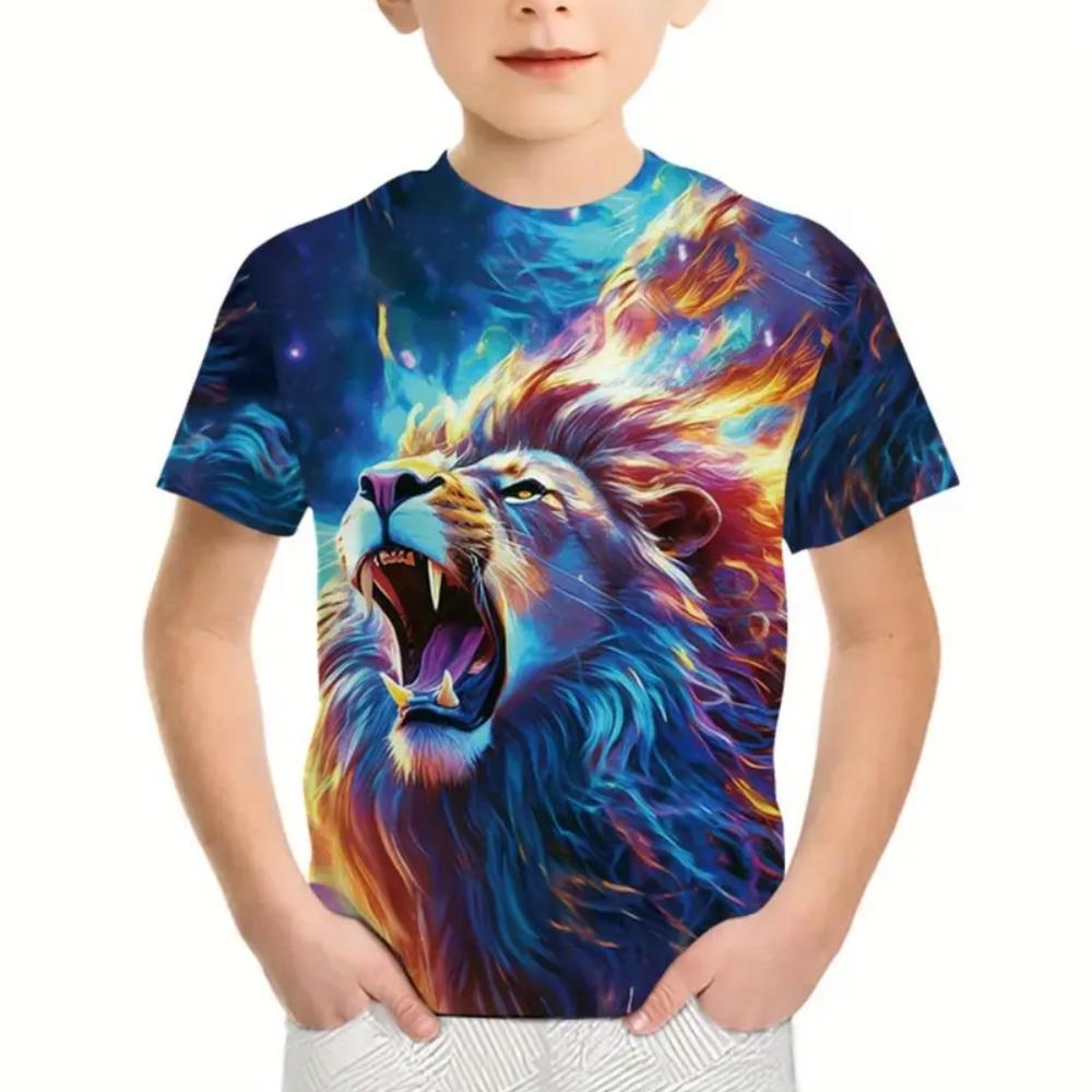 Boys Kids Clothes Print Fierce Lion Graphic T Shirts Summer Outdoor Crew Neck Short Sleeves Casual Outdoor Clothes for Children