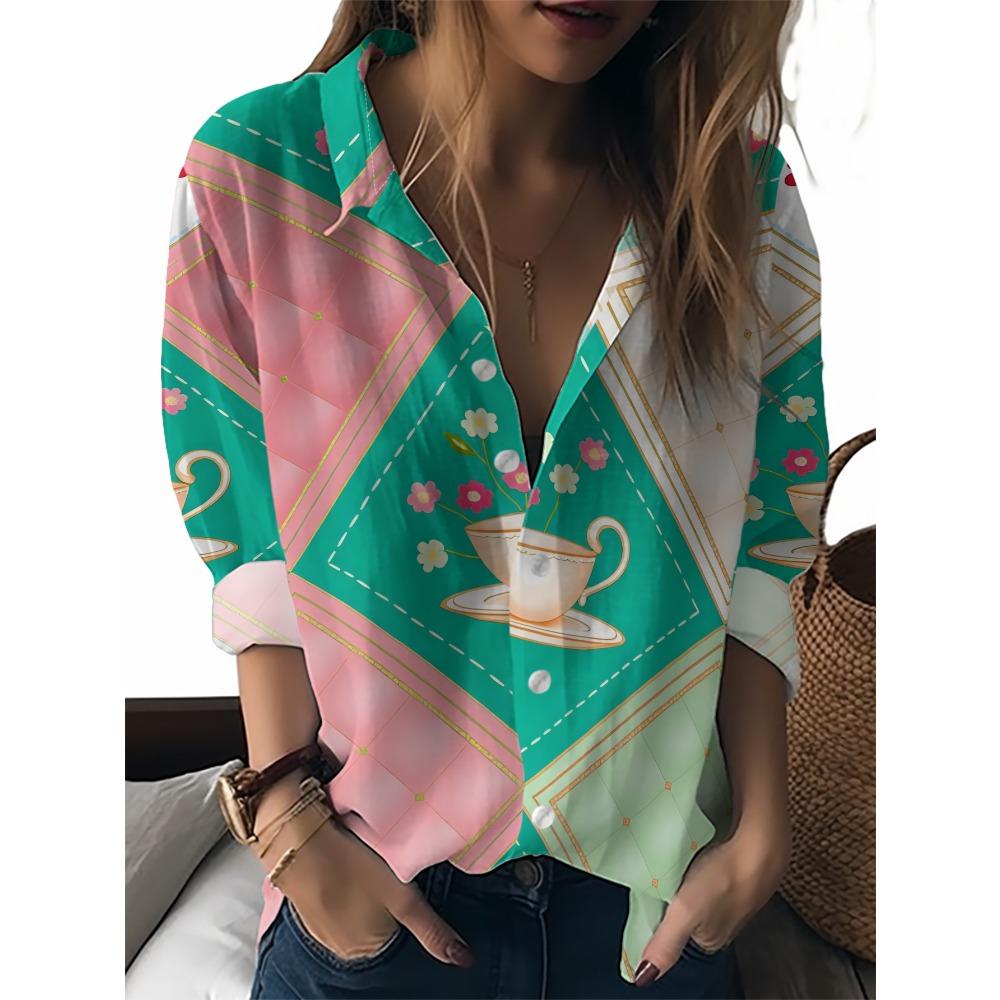 Sommer Minimalistisches Hemd mit Digitalem Blumenprint Knopfleistenhemd Oberteil für Damen Hawaiianischer Strandurlaub Lässiges Hemd