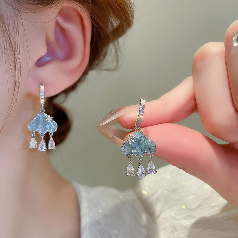 1Pair Cute Cloud Earrings Blue Rain Cloud Drop Earring Aesthetic Kawaii Zircon Ear Buckle Earring Year Jewelry Gift