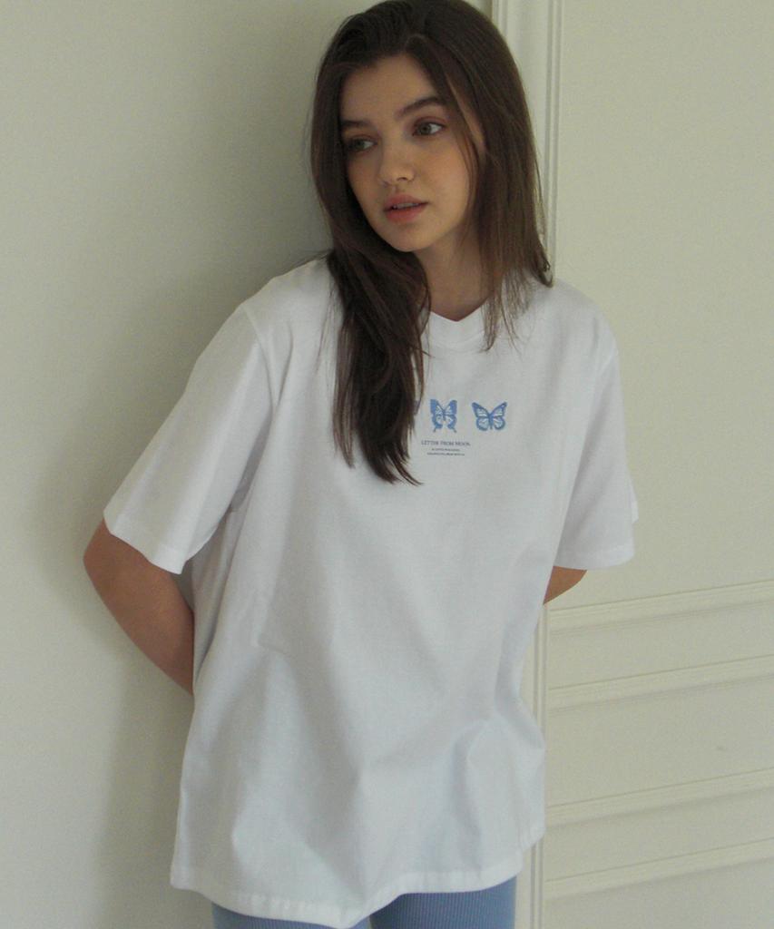 LETTER FROM MOON Triple Butterfly Embroidery Oversized Short Sleeve T-Shirt (White & Blue)
