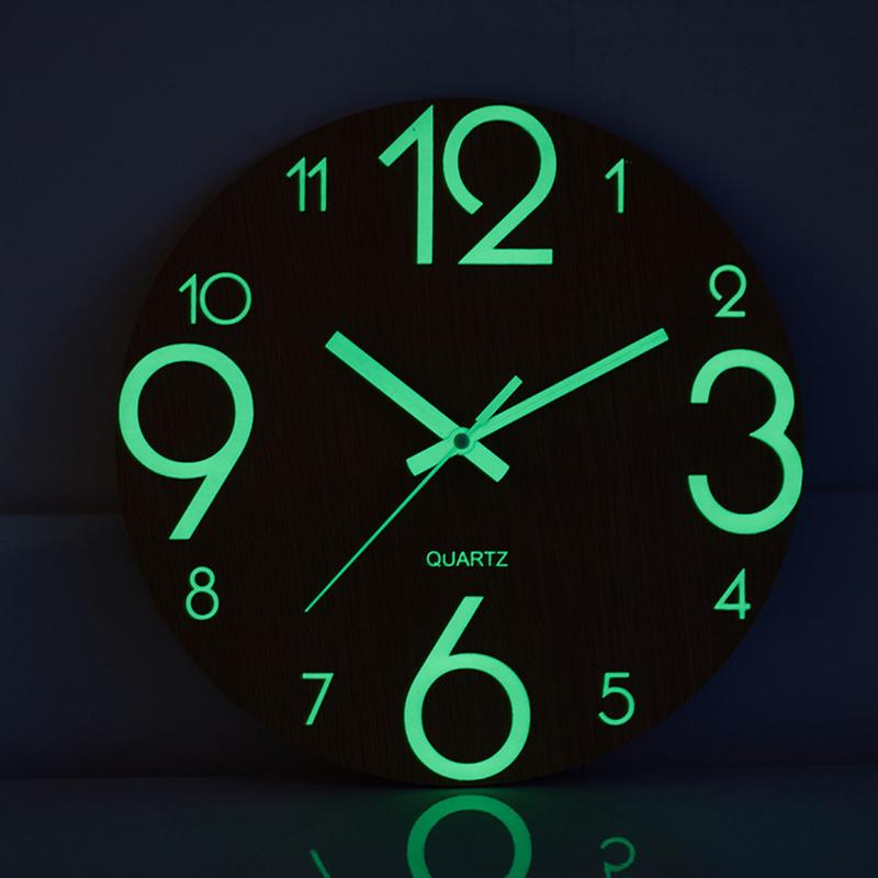 Round Luminous Wall Clock Glow In Dark Wooden Silent NonTicking Modern Style for Bedroom Decor