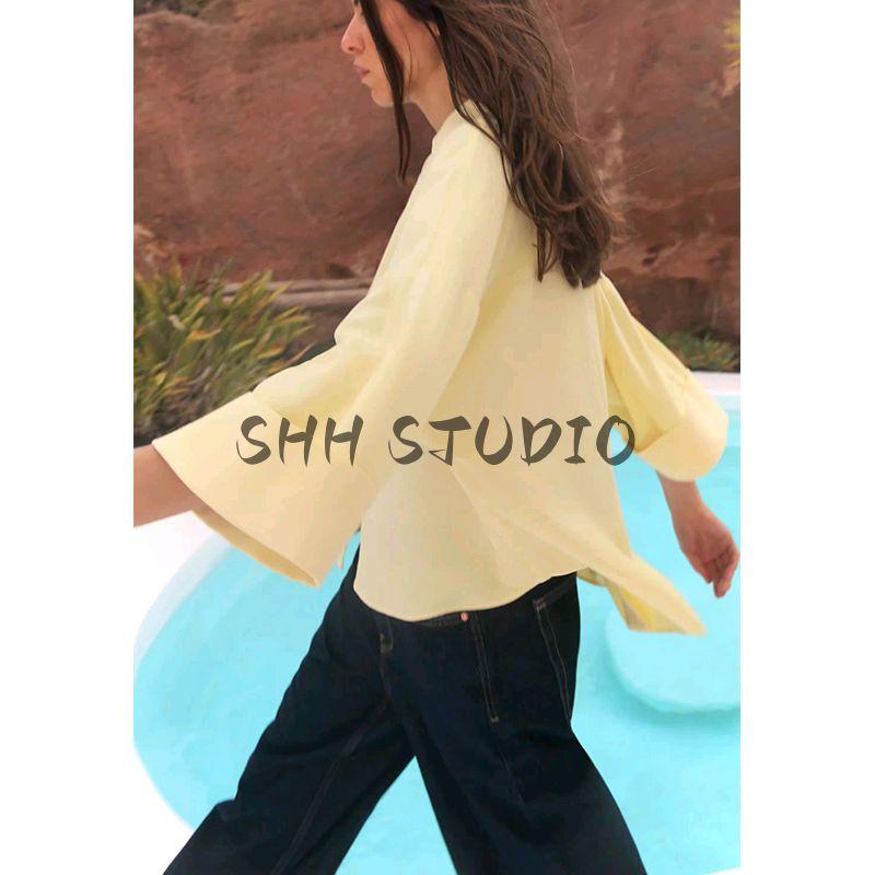 Summer New Product Women's Clothes Minimalist V-Shaped Lapel Linen Blended Plaid Wide Sleeve Lapel Shirt 2340712