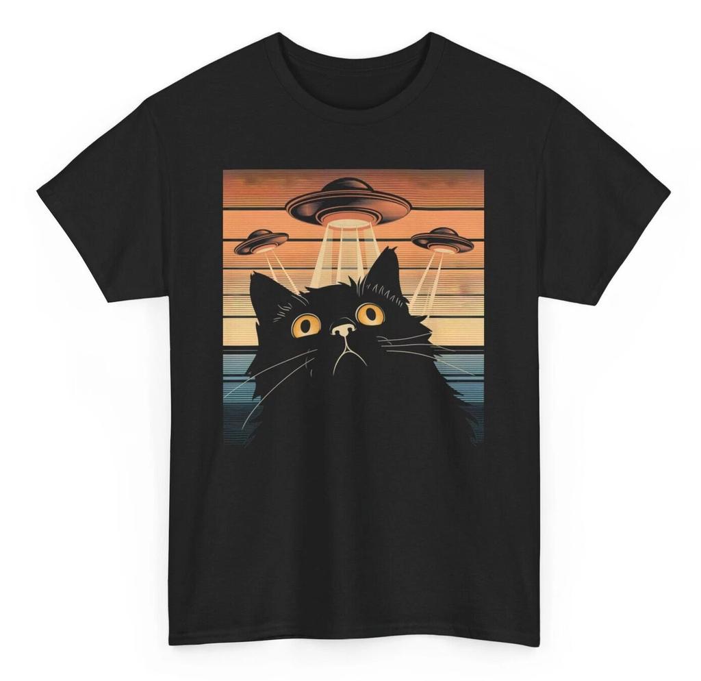 Black Cat UFO Funny T-shirt - Alien Novelty Space Graphic Tee