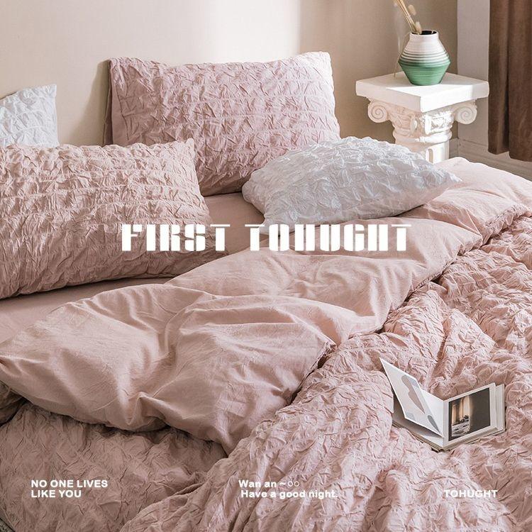 

Корейский комплект постельного белья «Принцесса с оборками из жатого хлопка» с простыми однотонными пододеяльниками и юбками, простынями и наволочками для девочек, постельное белье Flat Bed Sheet&Single150x200 3pcs розовый