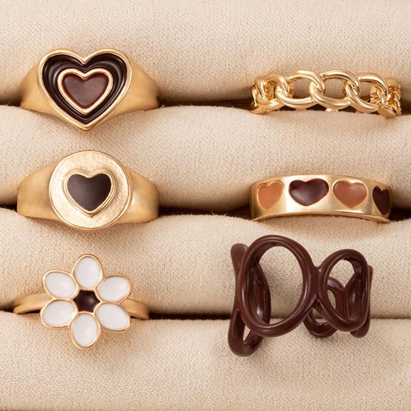 Digadagu 6 -Piece Set Brown Heart -Shaped Dripping Flower Ring Women 'S Popular Retro Ring Banquet Accessories