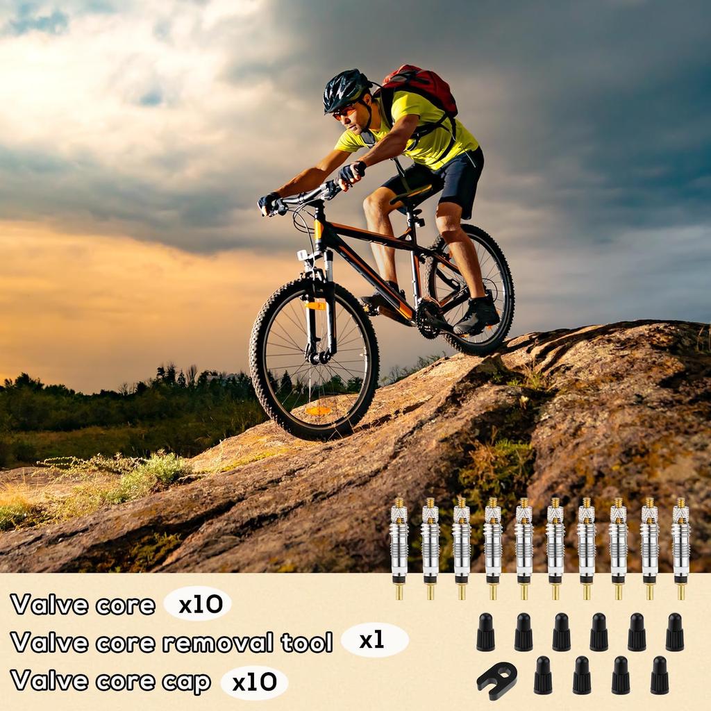 Valve Core Repair Kit for Presta, Including 10pcs Valve Cores, 10pcs Tyre Valve Core Stem Caps and Valve Core Remover Removal Tool Tubeless Valve