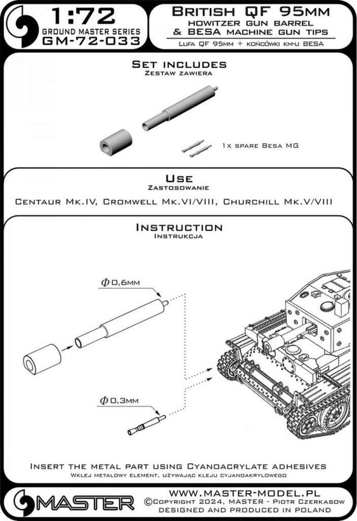 Master Model WW2 British QF 95mm Barrel Besa Machine Gun Centaur Plastic Model Parts 1/72 & (for Mk.IV/Cromwell Mk.VI/VIII/Churchill Mk.V/VIII)