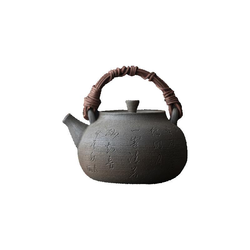 Chinese retro handmade wood fired teapot with lifting beam, tea maker, charcoal stove, boiling water kettle