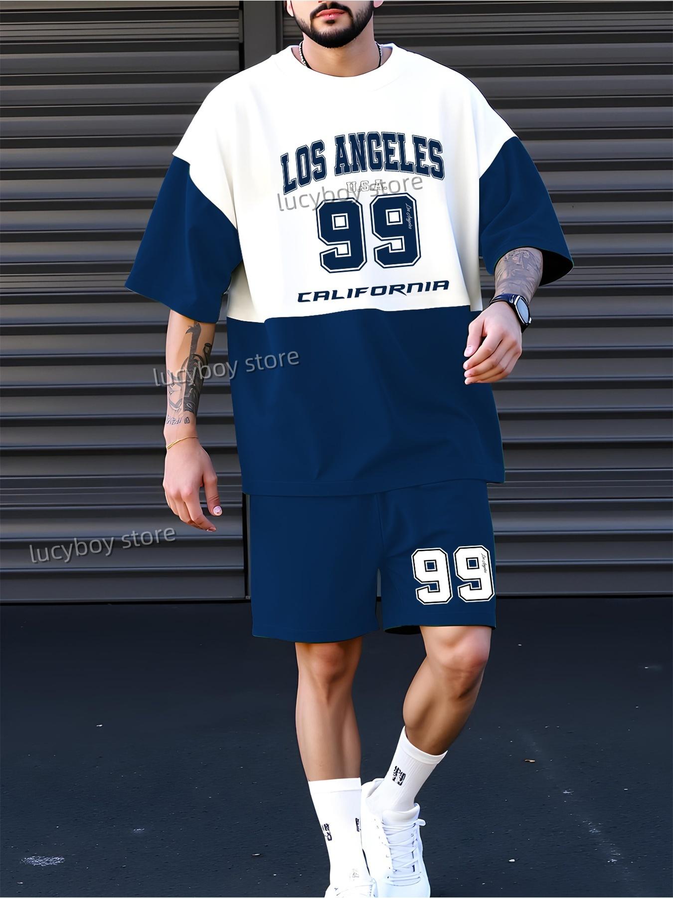 

Летний мужской двухкомпонентный костюм LOS ANGEL NO.99 с принтом, повседневные шорты для спорта на открытом воздухе с короткими рукавами и завязками, мужская одежда 6XL