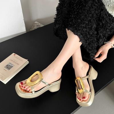 French Design Small Muffin Thick Bottom Heightening Metal Square Buckle Slippers Women's 2025 Spring New High-heeled Sandals