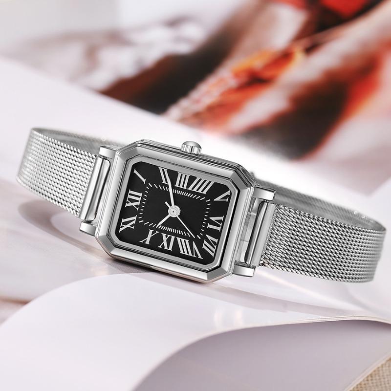 Retro small square plate temperament student watch niche high-end metal mesh belt watch women's quartz watch
