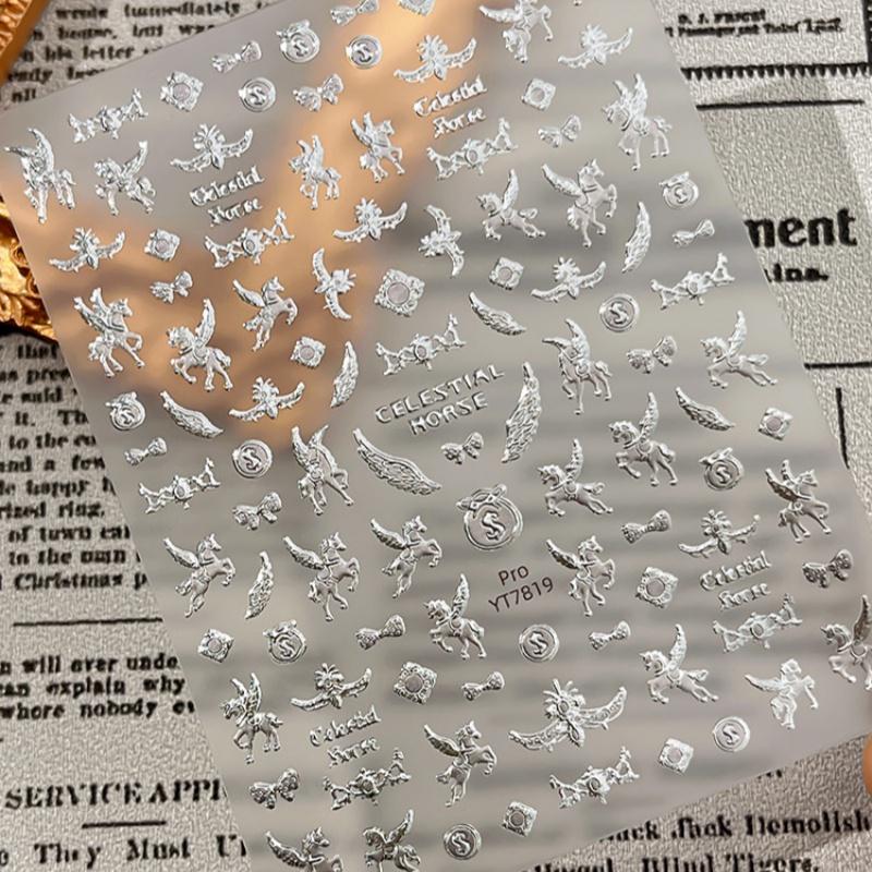 

2026 Year of The Horse Nail Stickers Gold Foil Zodiac Horse Decals for Nail Art,Chinese New Year & Holiday срібний