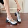 Silberne Mary Jane Schuhe wasserdicht Tisch hohe Absätze dicker Absatz leichter Mund Schleife Ein-Wort-Schnalle einzelne Schuhe Damen