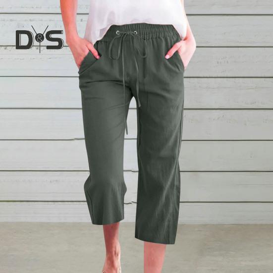 Frauen Sommer Hosen Jogginghose Einfarbig Gerade Weiche Elastische Taille Kordelzug Hosen Mittlere waden Länge Geerntete Hosen