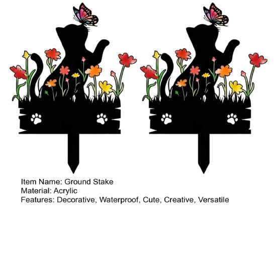 Lawn Animal Silhouette Acrylic Kitten Garden Stake, Decorative Yard Sculpture with Flowers And Outdoor Ornament Butterflies, Waterproof Cat