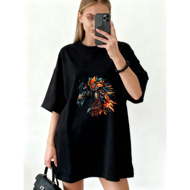 Oversized T Shirt Dress Black Horse With Feathers And Tribal Design Graphic Print Casual Streetwear For Women