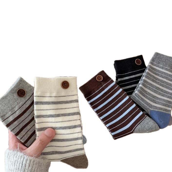 Vintage Striped Button-Embellished Socks Boneless Mid-Leg Socks Are Trendy And Wear Versatile Stacks Of Socks