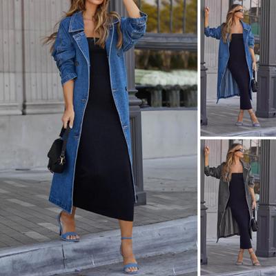 Giacca in denim da donna doppiopetto con tasche laterali allacciatura cintura annodata lunghezza media tinta unita