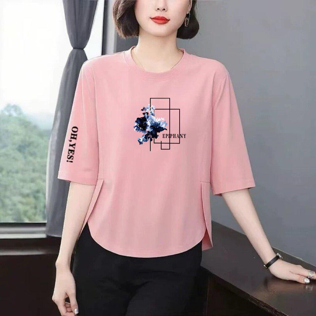 Women's Seven-Sleeve Stylish Printed T-Shirt – Loose, Slimming, Versatile, Age-Reducing Top