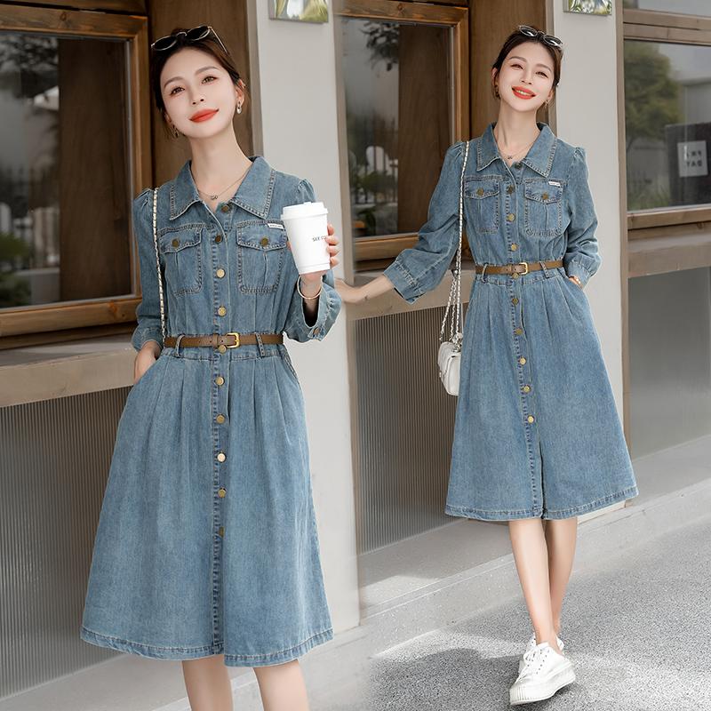 Women Denim Dress Spring Autumn Long Sleeved Blue Jean Dress Ladies Single-Breasted Dresses