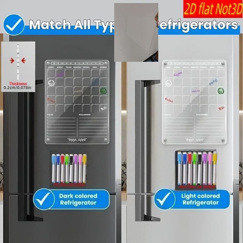 1set 2D Flat Transparent Acrylic Magnetic Fridge Calendar with Dry Erase Markers - Monthly and Weekly Planner for Refrigerator