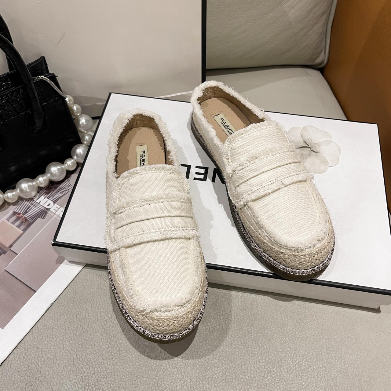 

Slippers women s outer wear 2025 spring and summer new solid color canvas bag head half drag one pedal heel fisherman slippers 39 бежевий