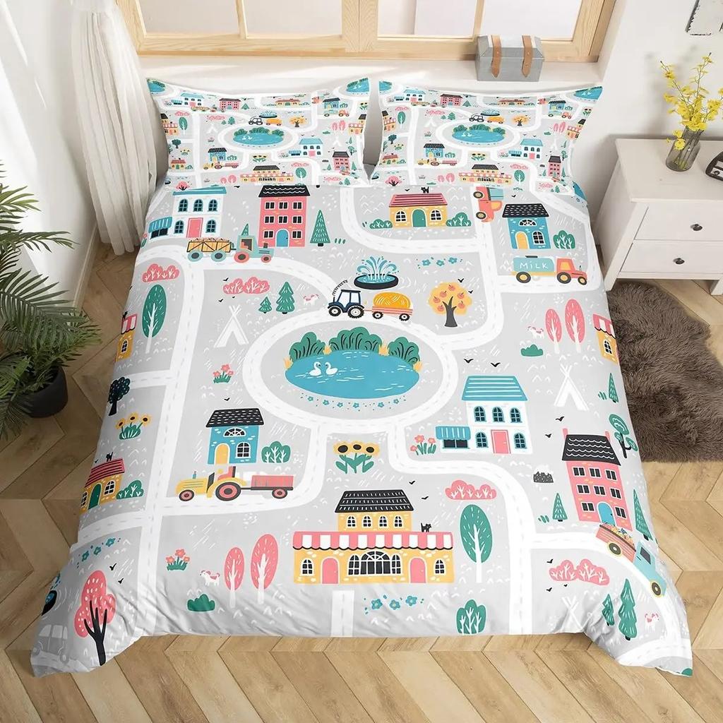 Poszewka na kołdrę z motywem samochodu z kreskówkową mapą drogową dla dzieci, zestaw pościeli dla chłopców, wystrój pokoju, geometryczne linie, poszewka na kołdrę z motywem samochodu ulicznego
